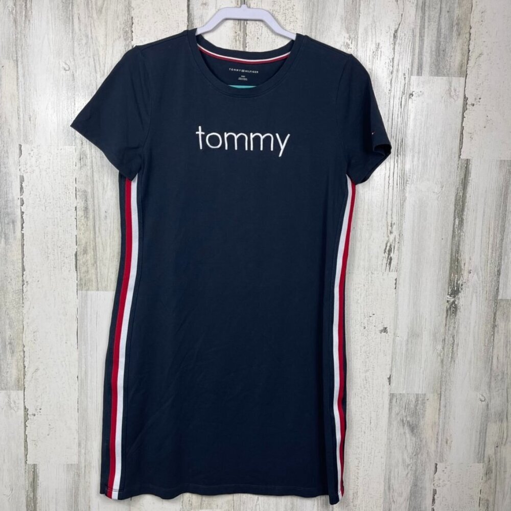 Tommy Hilfiger knit t shirt dress blue M spellout tuxedo stripe casual sporty